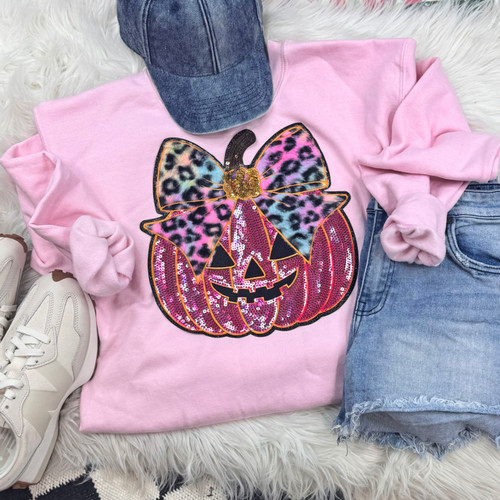 Pink Sequin Pumpkin with Leopard Bow Sweatshirt Pink Sequin Pumpkin with Leopard Bow Sweatshirt