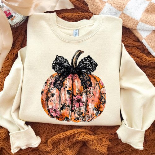 Faux Lace Bow Pumpkin Sweatshirt