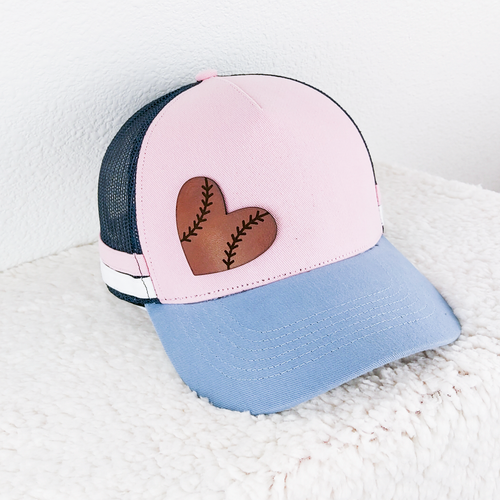 Pink and Navy Trucker Hat With Baseball Heart Leather Patch