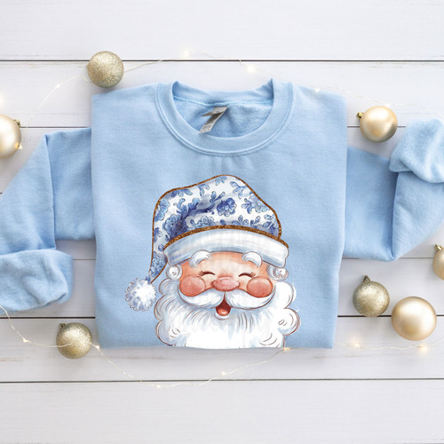 Blue Floral Santa Faux Glitter Sweatshirt Blue Floral Santa Faux Glitter Sweatshirt