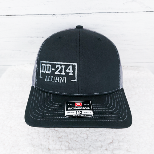 Embroidered DD-214 Alumni Black and Grey Richardson 112 Trucker Hat