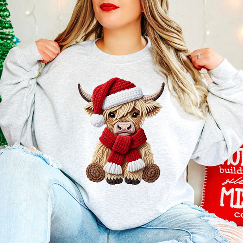 Faux Yarn Christmas Highland Cow Sweatshirt