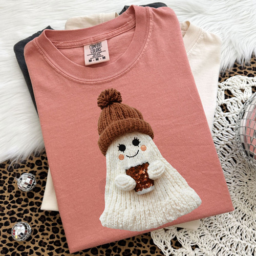 Faux Yarn Cozy Ghost With Coffee Tee Faux Yarn Cozy Ghost With Coffee Tee