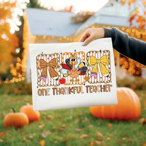One Thankful Teacher Turkey & Bows Tee