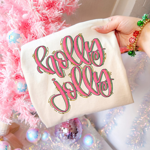 Pink Holly Jolly Script Tee Pink Holly Jolly Script Tee
