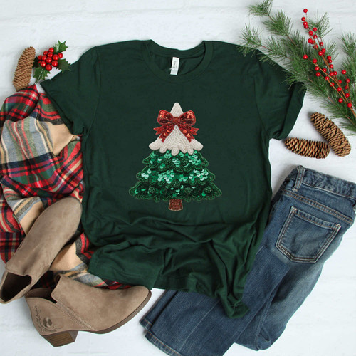 Faux Sequin Christmas Bow Tree Tee
