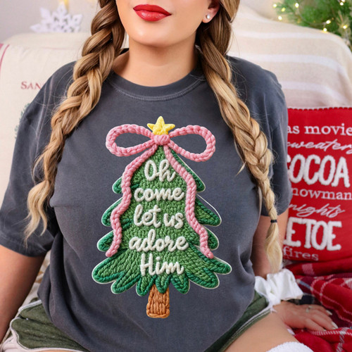 Faux Yarn Oh Come Let Us Adore Him Tree Tee