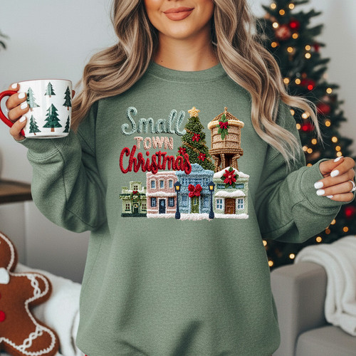 Faux Latch Hook Small Town Christmas Sweatshirt