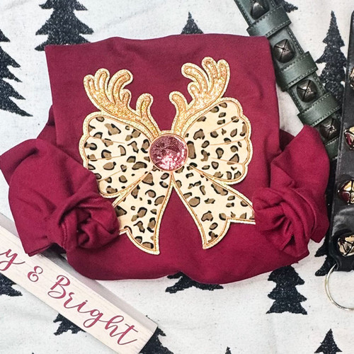 Leopard Reindeer Bow Sequin Sweatshirt