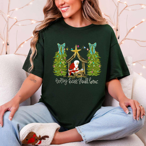 Every Knee Shall Bow Santa With Baby Jesus Tee
