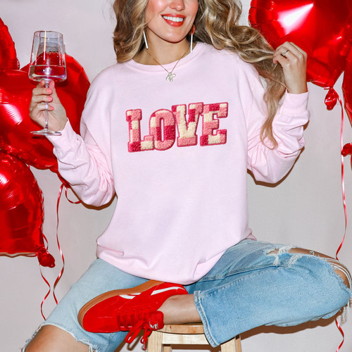 Faux Chenille Checkered Love Long Sleeve