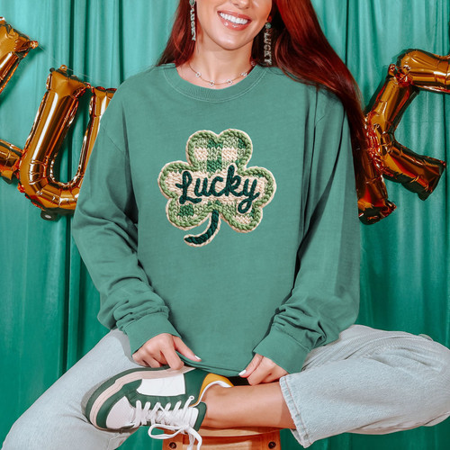 Lucky Faux Yarn Checkered Shamrock Long Sleeve