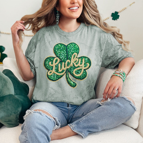 Faux Rhinestone Lucky Shamrock Tee