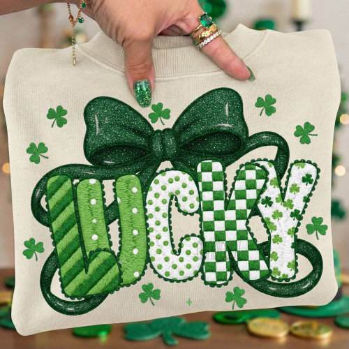 Faux Embroidery Patterned Lucky Sweatshirt