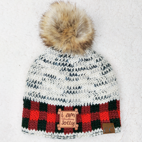 Buffalo Plaid CC Pom Beanie with TAN I Am Freaking Jolly Leather Patch