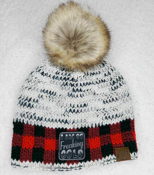 Buffalo Plaid CC Pom Beanie with Black and Silver I Am So Freaking Cold Faux Leather Patch
