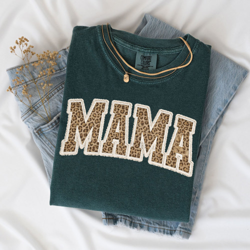 Faux Embroidered Mama Leopard Tee