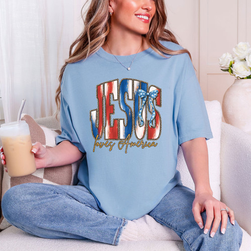 Faux Glitter Jesus Loves America Tee