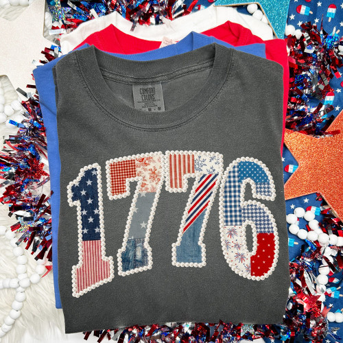 Faux Pearl Patriotic Patchwork 1776 Tee