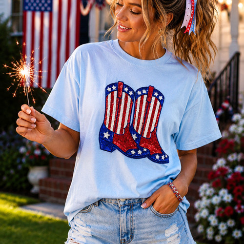 Patriotic Sequin Cowboy Boots Tee