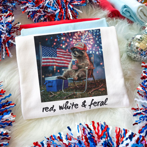 Red, White & Feral Raccoon Tee