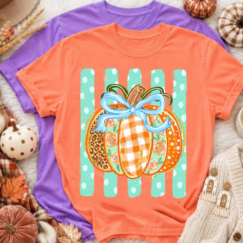 Pattern Pumpkin Bow Stripes Tee