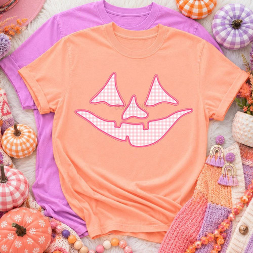 Pink Gingham Jack O Lantern Face Tee
