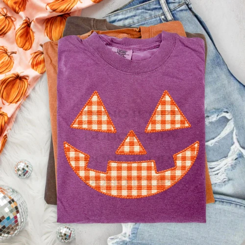 Faux Stitch Orange Gingham Jack O Lantern Tee