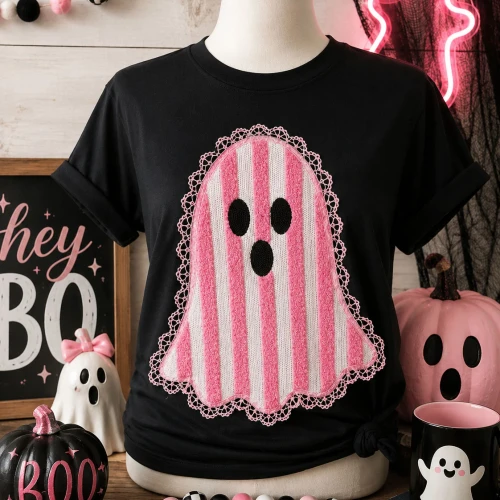 Pink Striped Ghost Lace Patch Tee