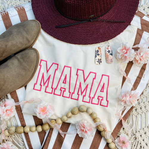 MAMA Pink Embroidered Ivory Pigment Dyed Tee