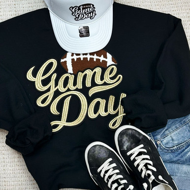 Black Chenille Game Day Graphic Drop Shoulder Sweatshirt
