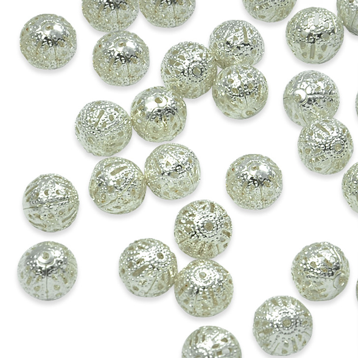 10mm x 10mm Round Filigree Metal Beads 8 Inch Strand 