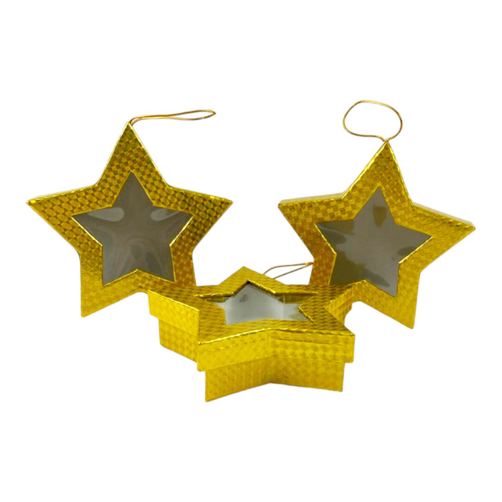 Value Pack of 3 Hologram Ornament Star Box with Window - Gold  