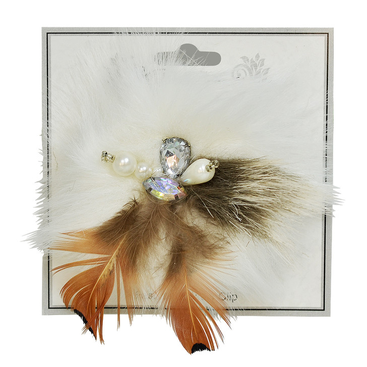 Faux Fur Feather Brooch Pin Hair Clip Accessory with Crystal Gems