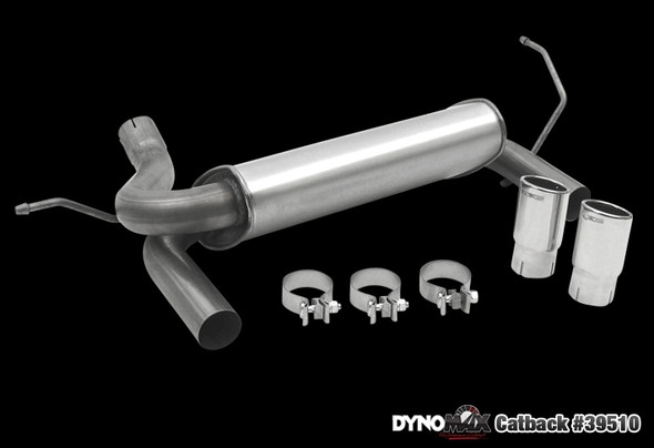 Killer sound - killer price! Dynomax guarantees you'll love the sound. Stainless Steel Super Turbo Muffler Assembly 3-in. outlet, single wall, buffed and polished, 5.5-in. OAL SS slant cut tips 2.5-in. SS mandrel pipes Three stainless steel 2.5-in. band clamps Limited Lifetime Warranty 90-Day Performance & Sound Guarantee