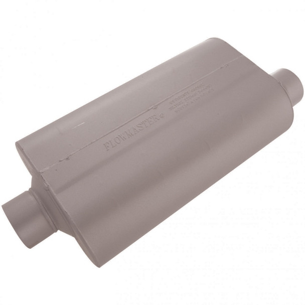 The Super 50 series muffler is a larger version of Flowmaster's 50 series Delta Flow muffler. Originally designed for trucks and SUV's, it is also well suited to muscle car and high performance applications. In addition, the larger case size significantly reduces interior resonance and provides a deep, rich tone along with mileage and power gains. Constructed of 16 gauge aluminized steel and fully MIG welded for maximum durability.Product AttributesBody Height (inches)5.00Body Length (inches)17.00Body Width (inches)10.00FinishGrayInlet diameter (inches)3.00Inlet positionCenterMaterialAluminized SteelMuffler seriesSuper 50 SeriesOutlet diameter (inches)3.00Outlet positionOffsetShapeFlowmaster CaseSound levelMild sound