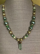 Fluorite Crystal, Rhinestone, and Green Crystal Necklace