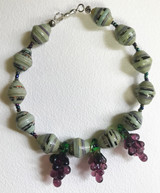 Blown Glass Grapes and Green Bead Bracelet