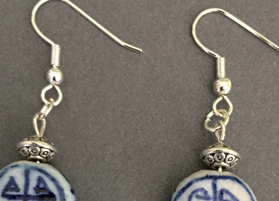 Asian Delft and Silver Buddha Earrings