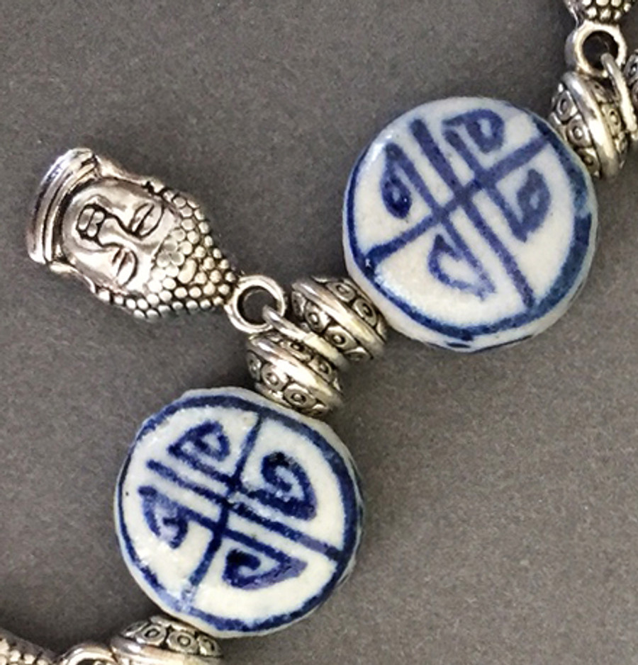 Asian Delft and Silver Buddha Bracelet
