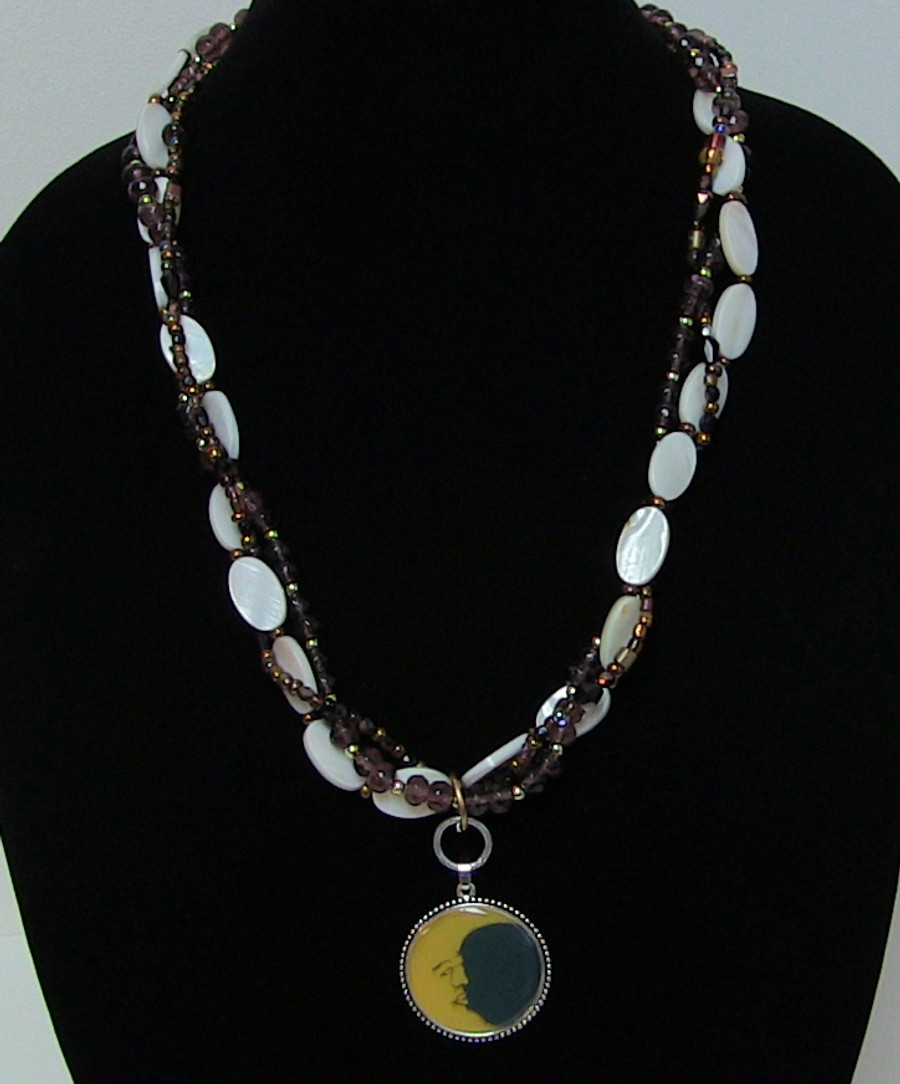 Triple Bead Strands with Moon Cabochon Necklace