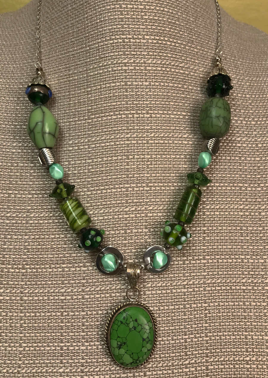 Sterling Silver, Moss Agate, and Blown Glass Beads Necklace