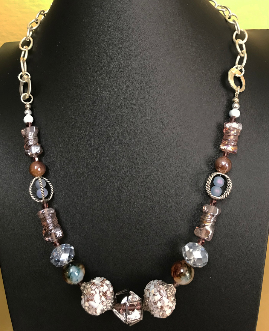Blue and Brown Crystal Necklace in Silver