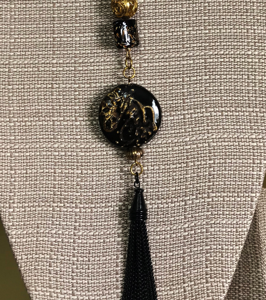 Black Ceramic Bead and Metal Tassel Necklace