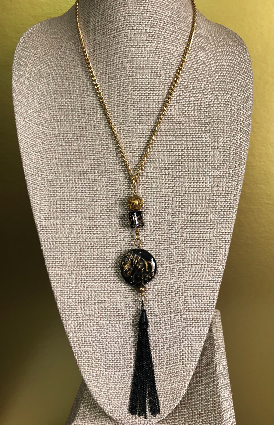 Black Ceramic Bead and Metal Tassel Necklace