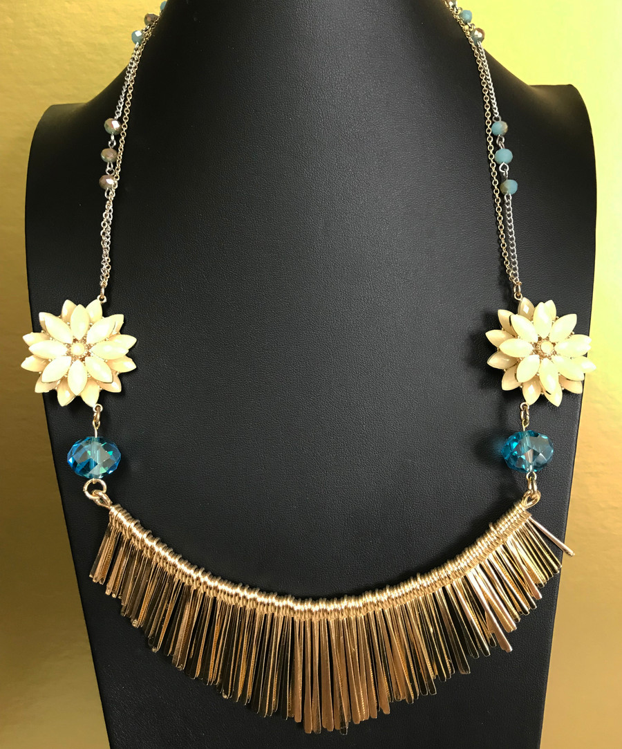 Yellow Flower and Blue Crystal Fan Necklace