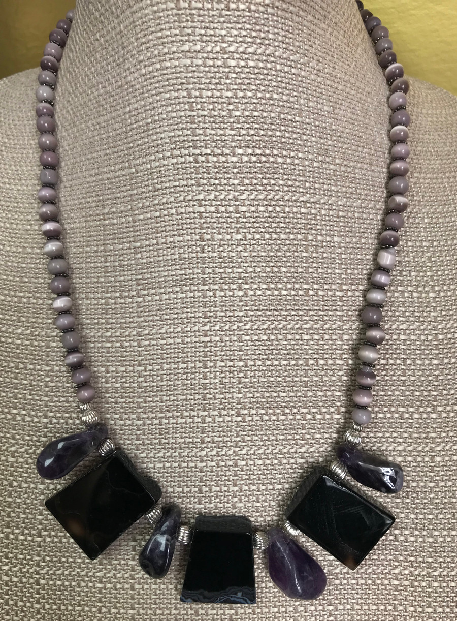 Amethyst, Obsidian, and Austrian Cats’ Eye Necklace