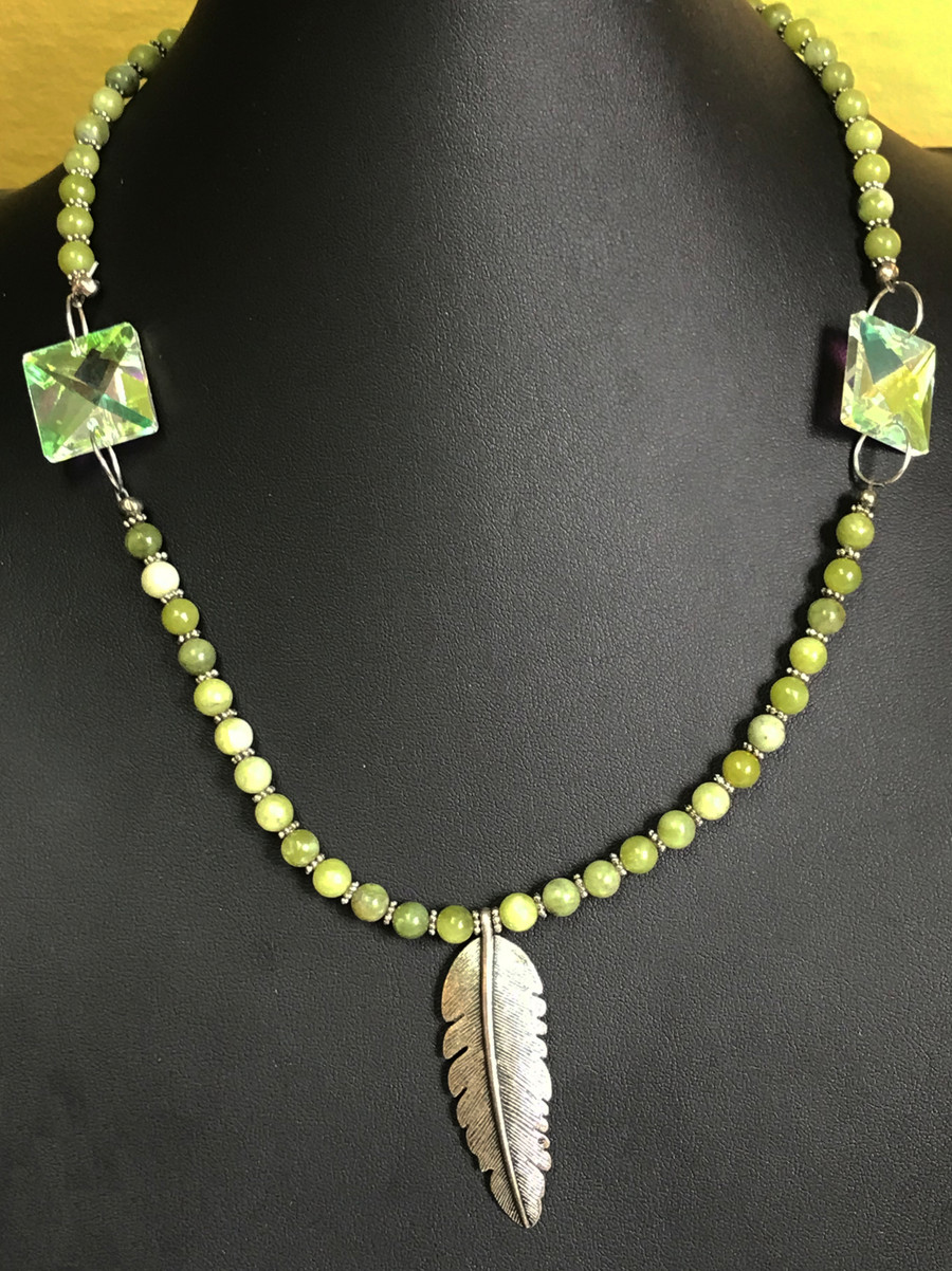 Jade, Feather, and Large Crystal Necklace