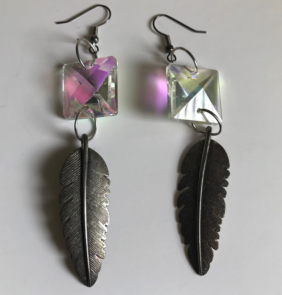 Large Crystal and Feather Earrings