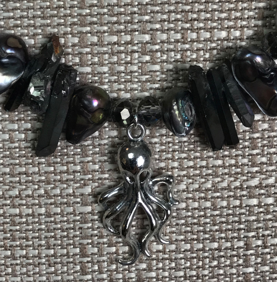 Black Pearl, Crystal, and Octopus Necklace
